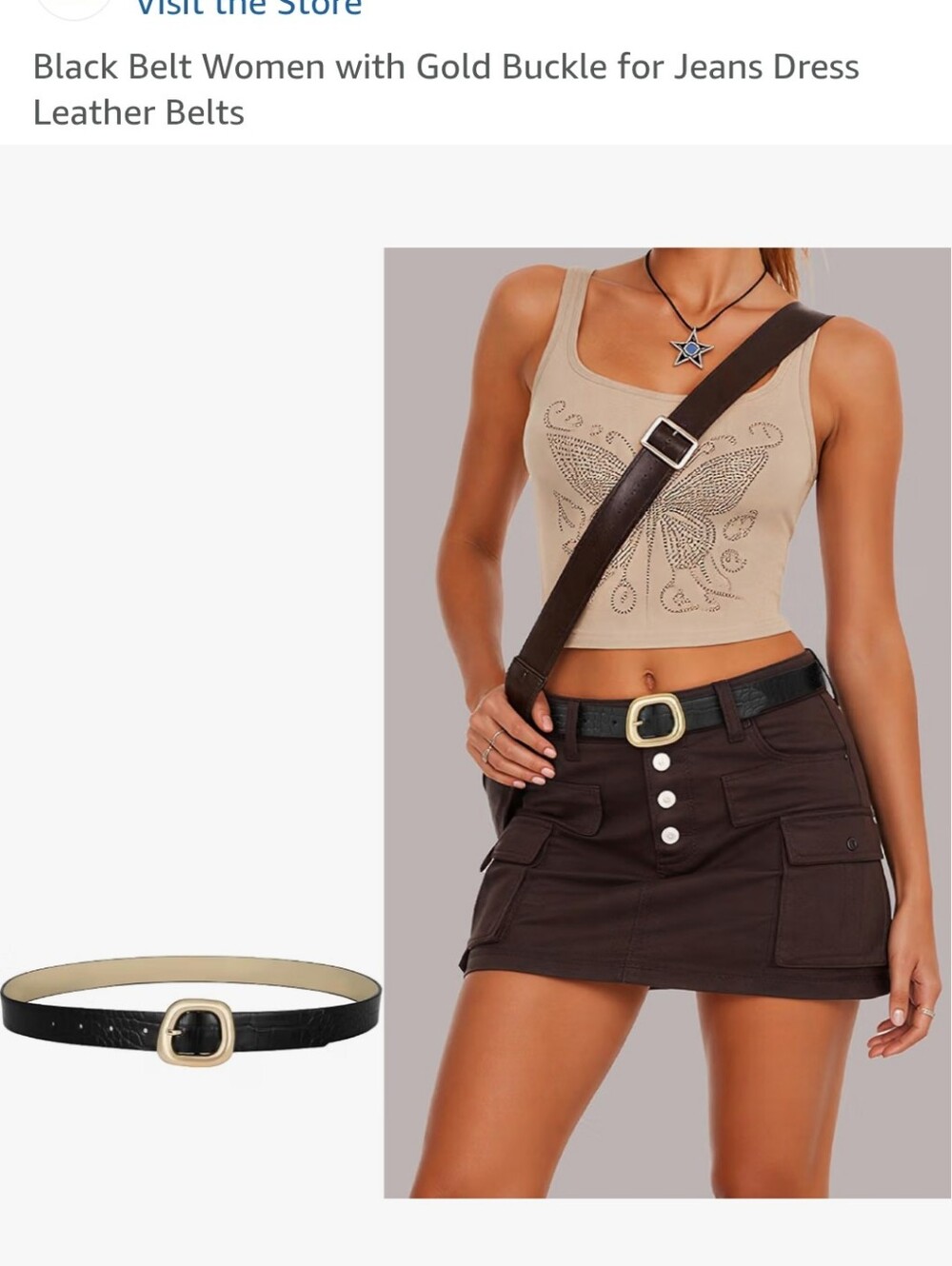 Classic Black Leather Belt with Gold Buckle - Women New